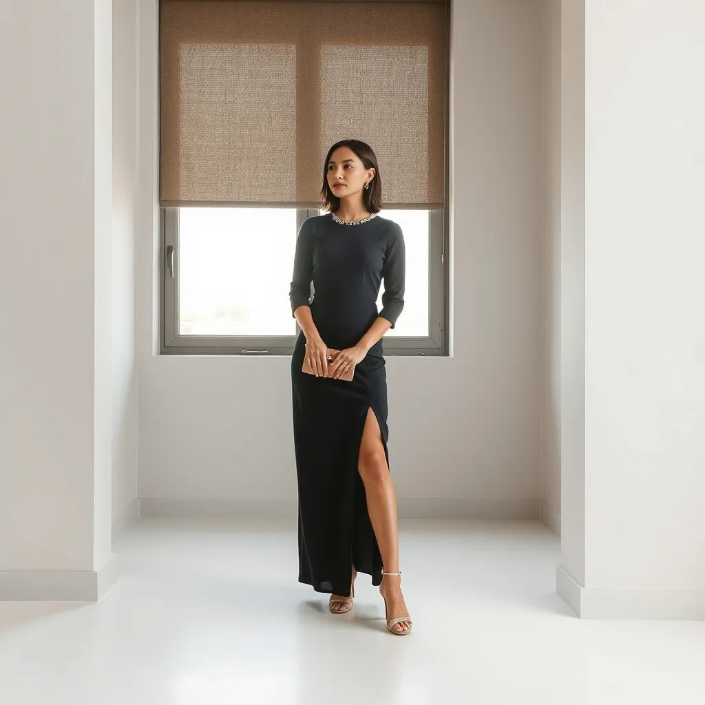 Woman in an elegant luxury dress with refined accessories in soft natural window light