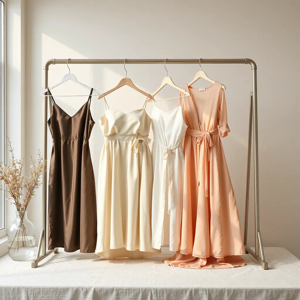 Elegant women’s dresses in varied colors and styles displayed on a minimalist rack.